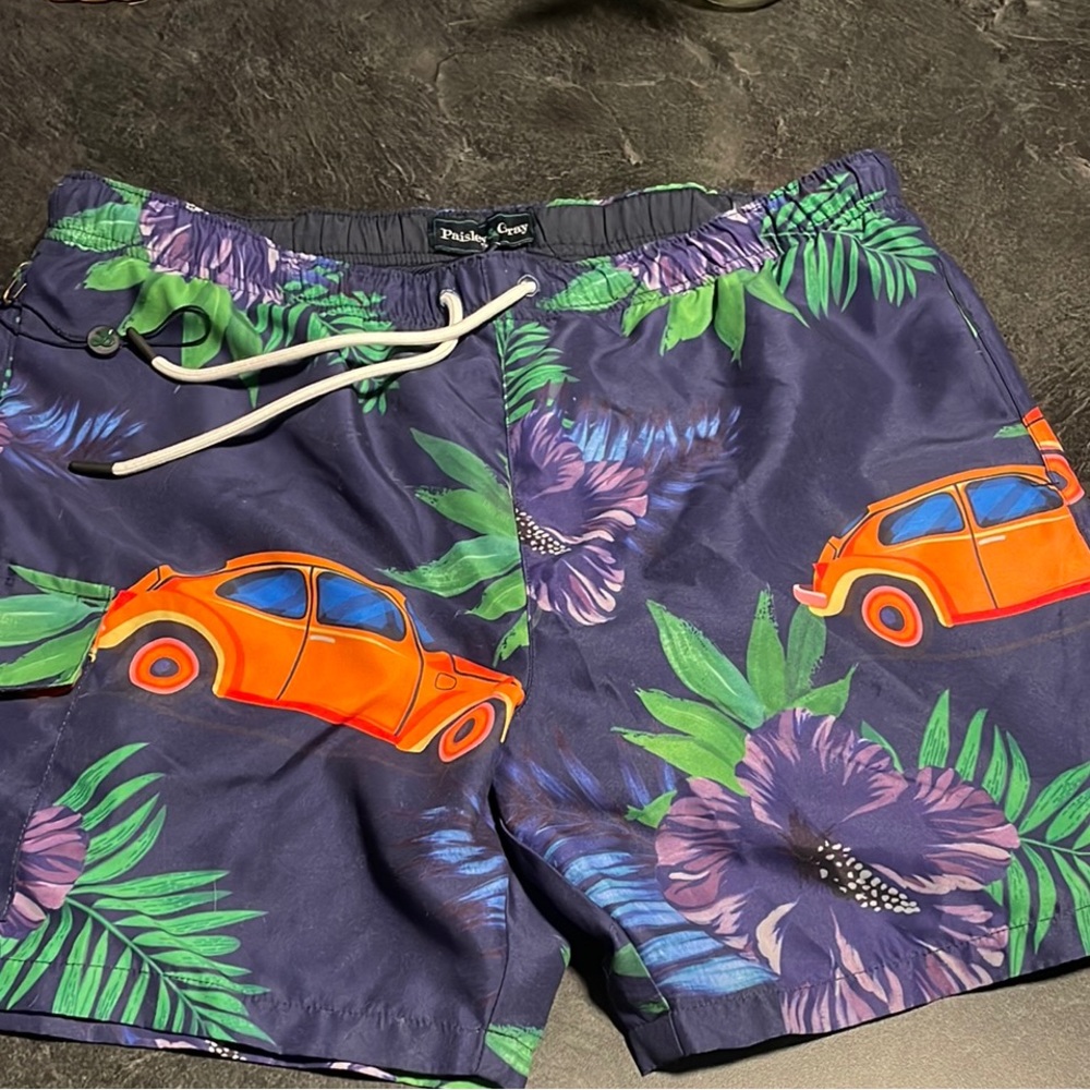 Paisley Grey Blue and Orange Car Print Swim Shorts